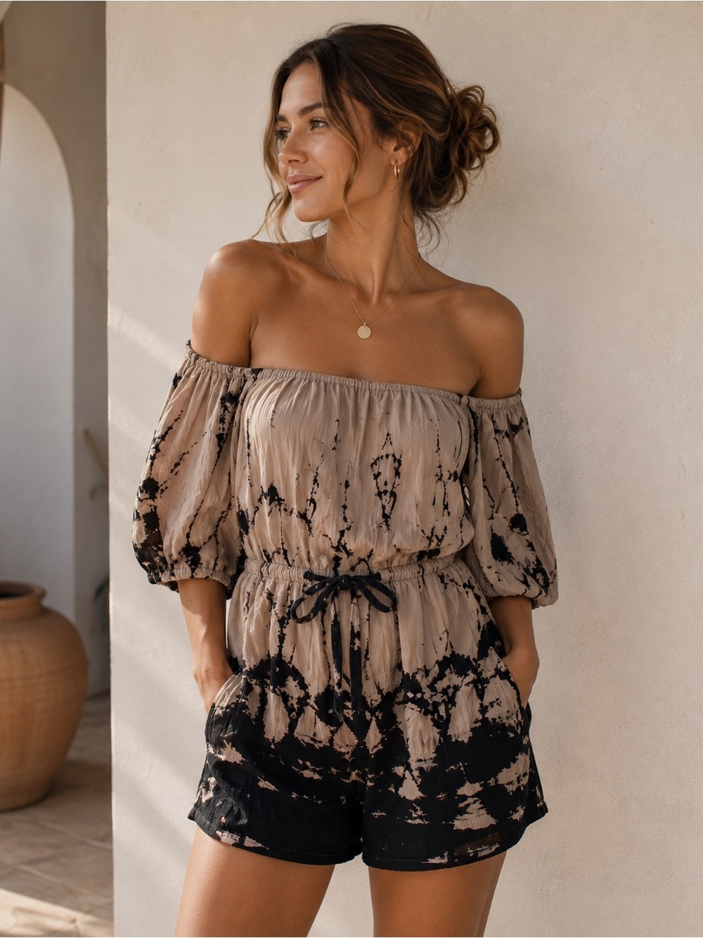 Planet Blue Life sz S shibori tie dye 100% rayon shorts festival romper navy tan